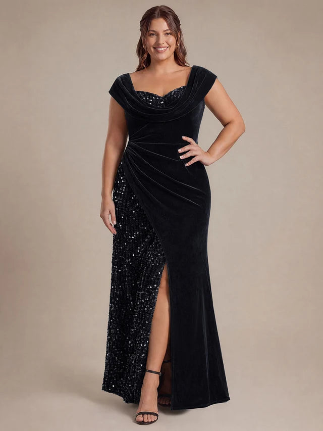 Black Sequin Velvet Sheath/column Square Neck Back Zip Floor-Length Dress
