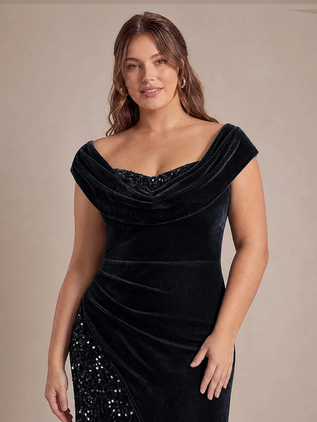 Black Sequin Velvet Sheath/column Square Neck Back Zip Floor-Length Dress