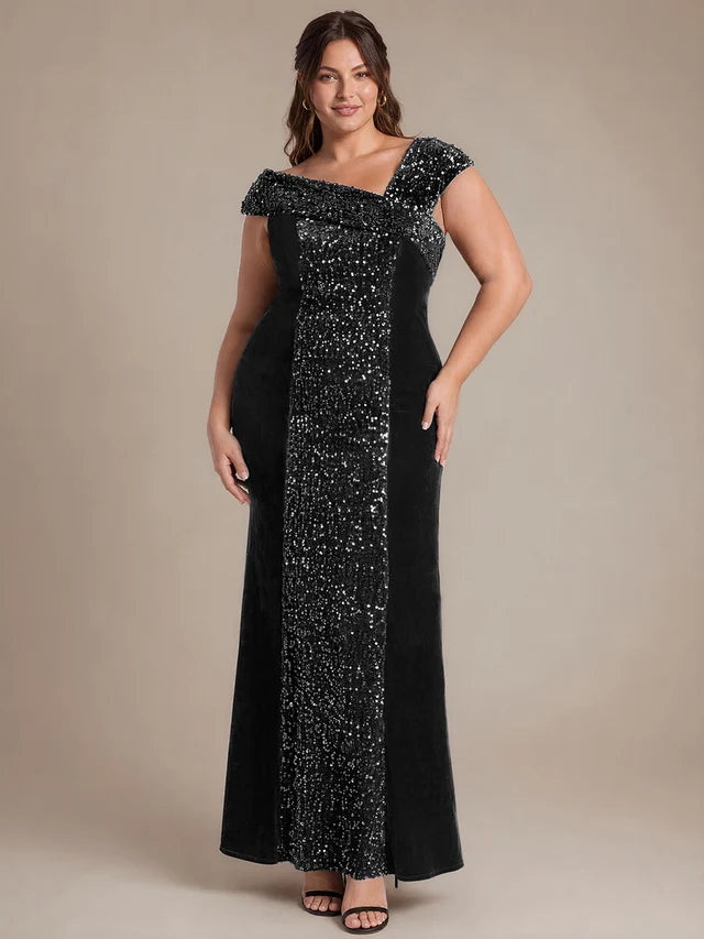 Black Velvet & Sequin Sheath Asymmetrical Off-the-Shoulder Floor Length Dress