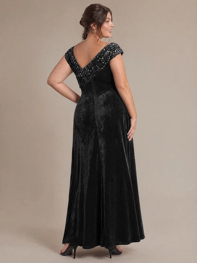 Black Velvet & Sequin Sheath Asymmetrical Off-the-Shoulder Floor Length Dress