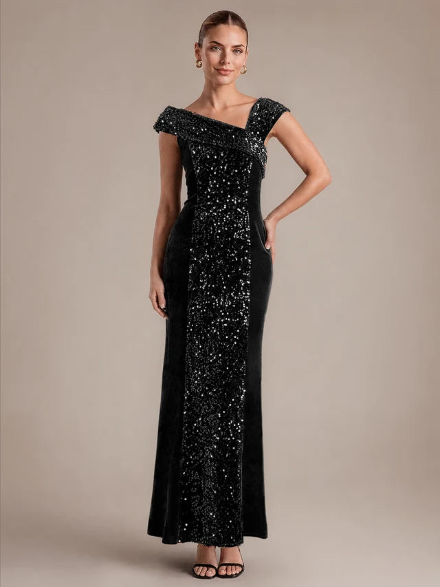 Black Velvet & Sequin Sheath Asymmetrical Off-the-Shoulder Floor Length Dress