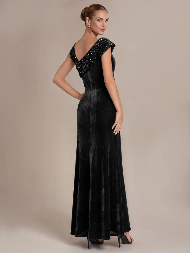 Black Velvet & Sequin Sheath Asymmetrical Off-the-Shoulder Floor Length Dress