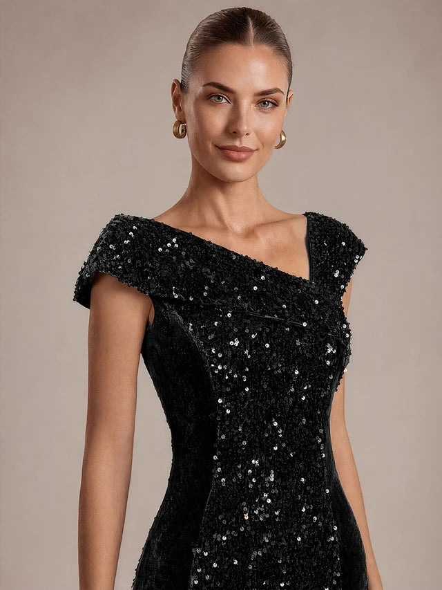 Black Velvet & Sequin Sheath Asymmetrical Off-the-Shoulder Floor Length Dress