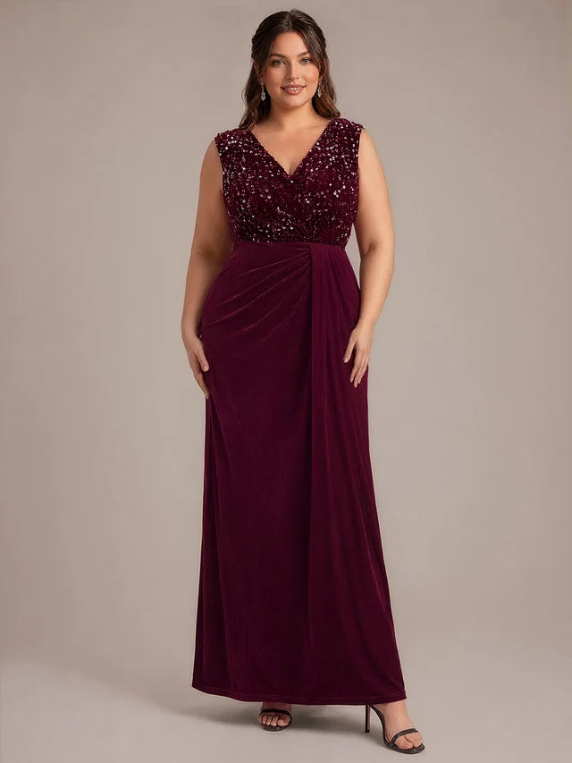 Burgundy Velvet Mermaid V-Neck Back Zip Floor-Length Dress