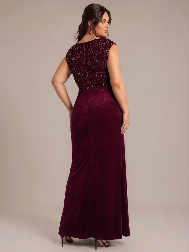 Burgundy Velvet Mermaid V-Neck Back Zip Floor-Length Dress