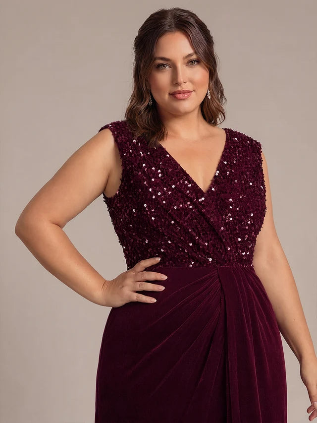 Burgundy Velvet Mermaid V-Neck Back Zip Floor-Length Dress