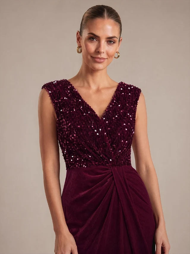 Burgundy Velvet Mermaid V-Neck Back Zip Floor-Length Dress