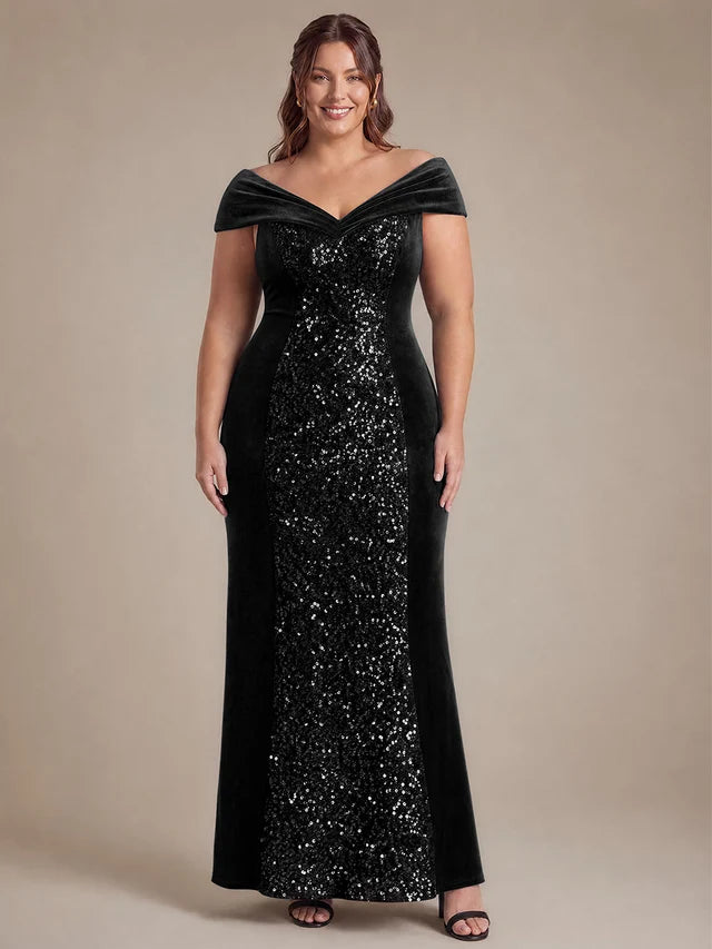 Black Velvet and Sequin mermaid off-the-shoulder zipper-back floor-length Dress