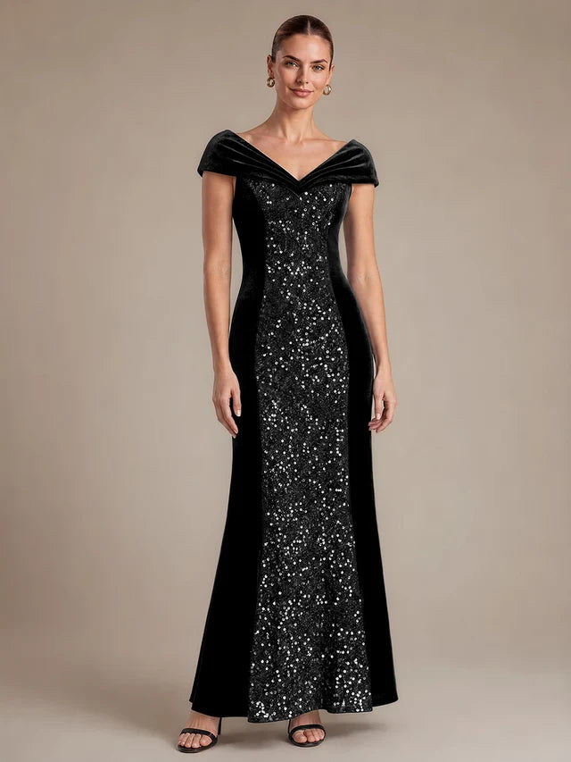 Black Velvet and Sequin mermaid off-the-shoulder zipper-back floor-length Dress