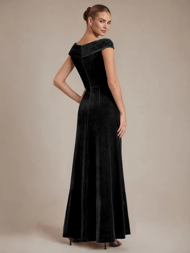 Black Velvet and Sequin mermaid off-the-shoulder zipper-back floor-length Dress