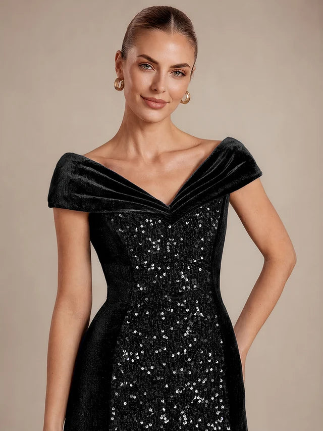 Black Velvet and Sequin mermaid off-the-shoulder zipper-back floor-length Dress