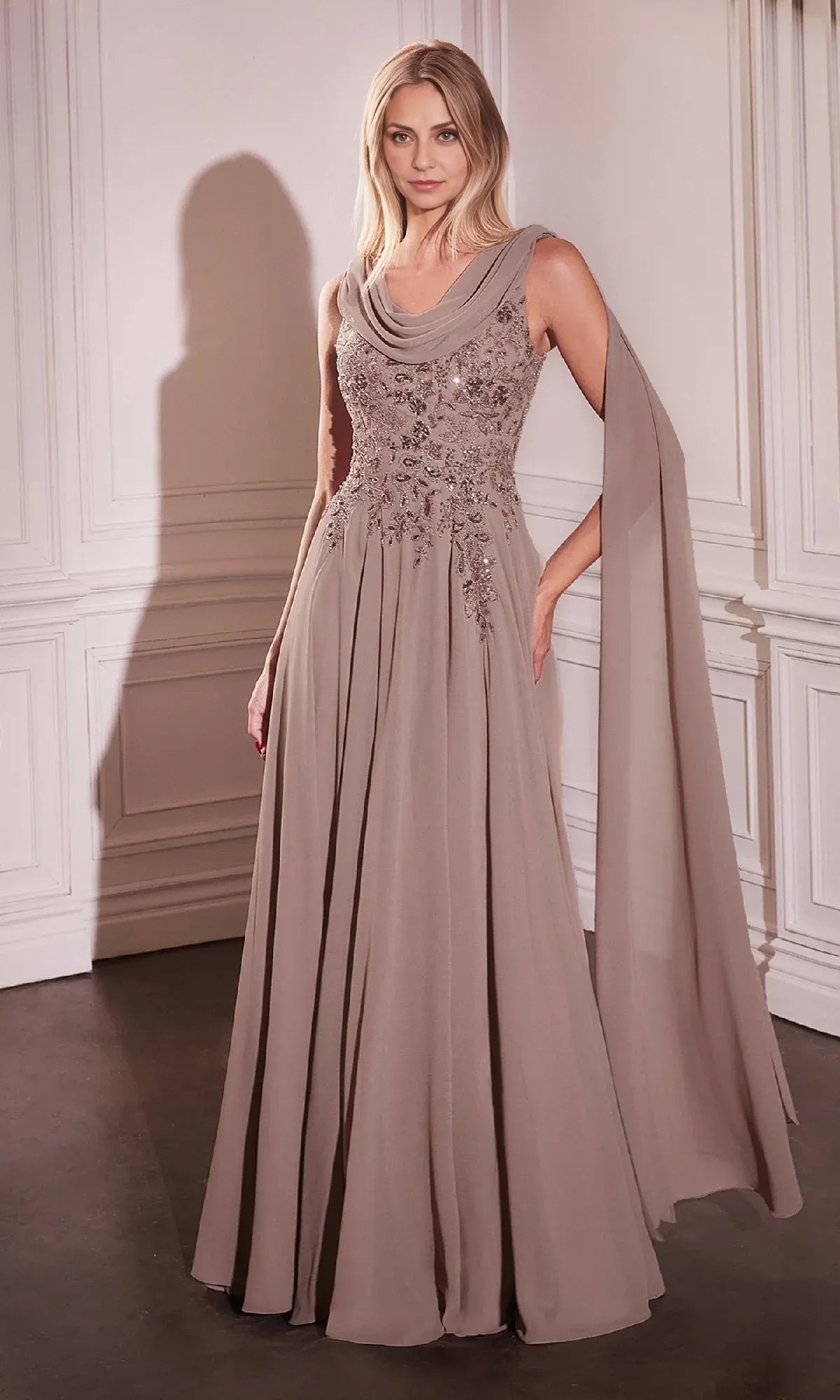 Weitese Dress Shoulder Sash Long Formal Dress Floor-Length A-Line Cowl Back Mother of the Bride Dress