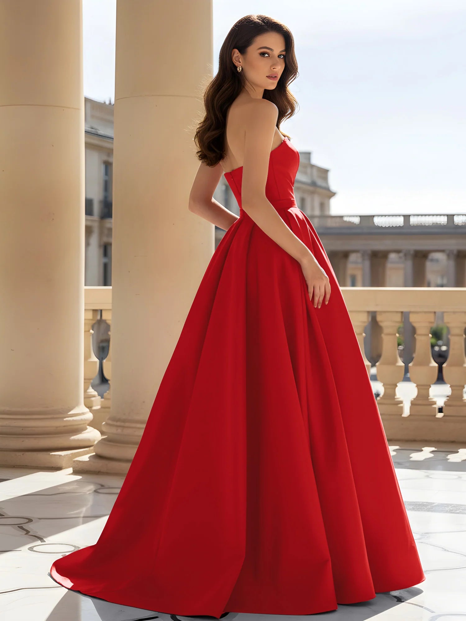 Red Satin A-Line Straight Across Low Back Floor-Length Dress