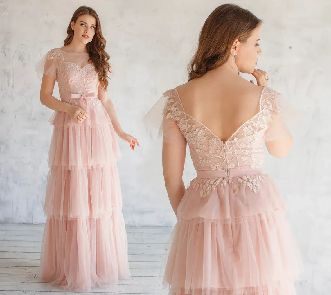 Magic Evening Dress With Tiered Floral Decor Gown Tulle Wedding Party Dress Floor Length Pink Prom Dress