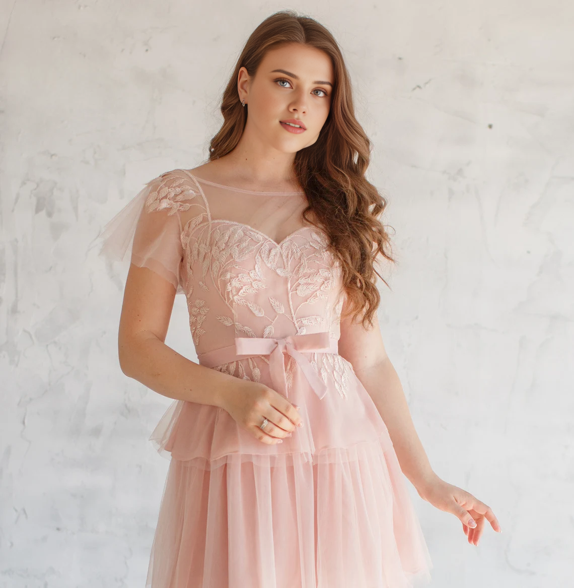 Magic Evening Dress With Tiered Floral Decor Gown Tulle Wedding Party Dress Floor Length Pink Prom Dress