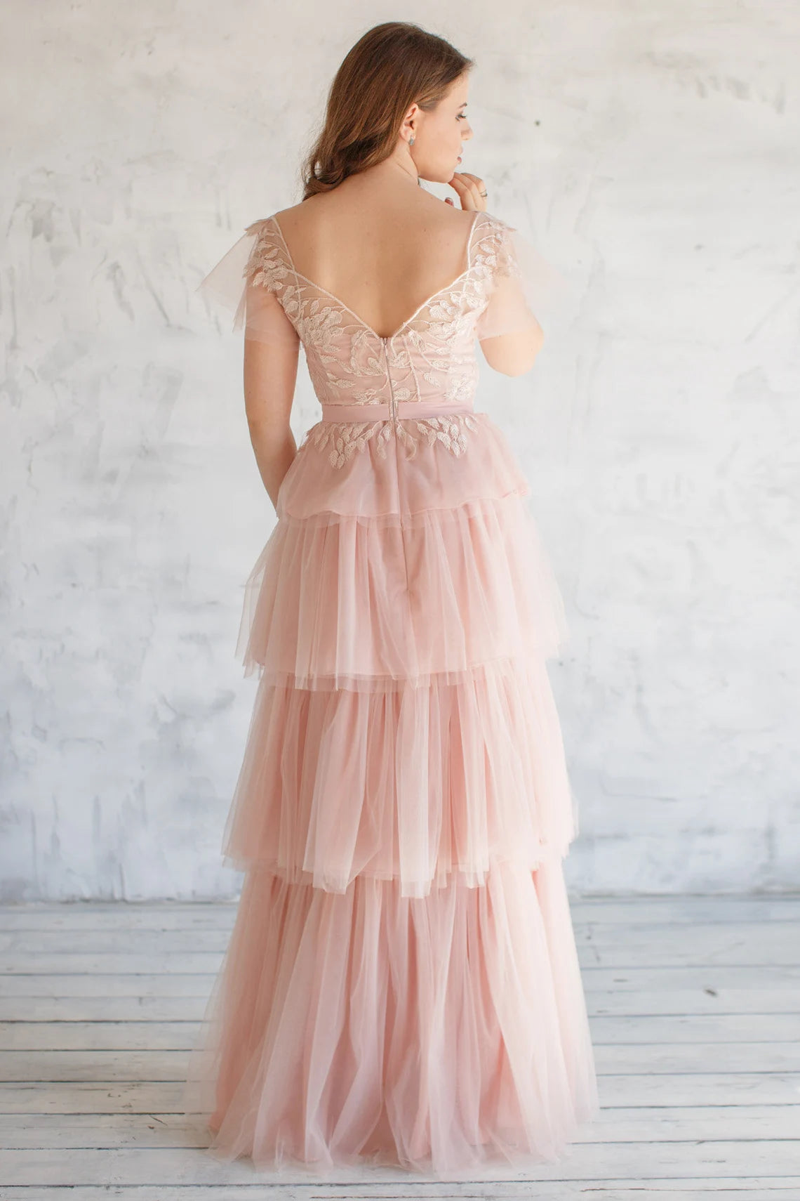 Magic Evening Dress With Tiered Floral Decor Gown Tulle Wedding Party Dress Floor Length Pink Prom Dress