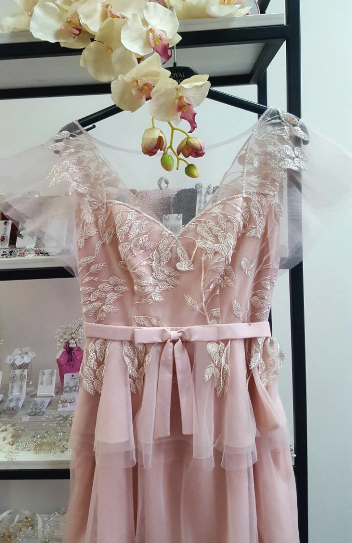 Magic Evening Dress With Tiered Floral Decor Gown Tulle Wedding Party Dress Floor Length Pink Prom Dress