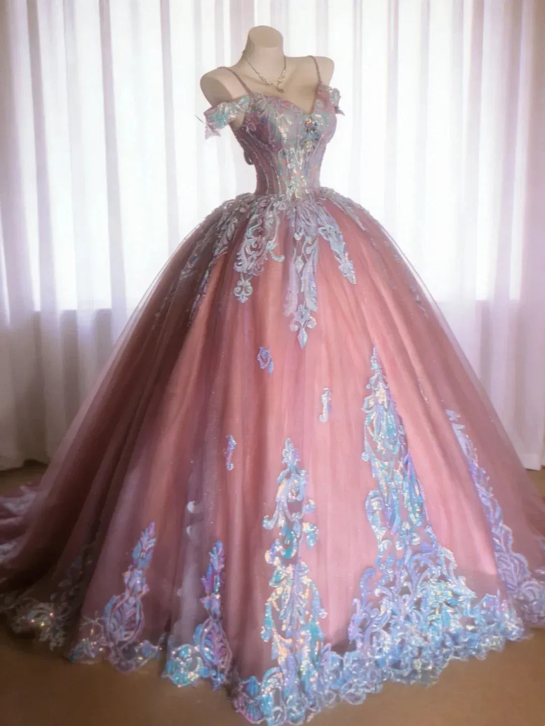 Magical Off Shoulder Spaghetti Strap Corset Sequin Lace Ball Gown Wedding Dress