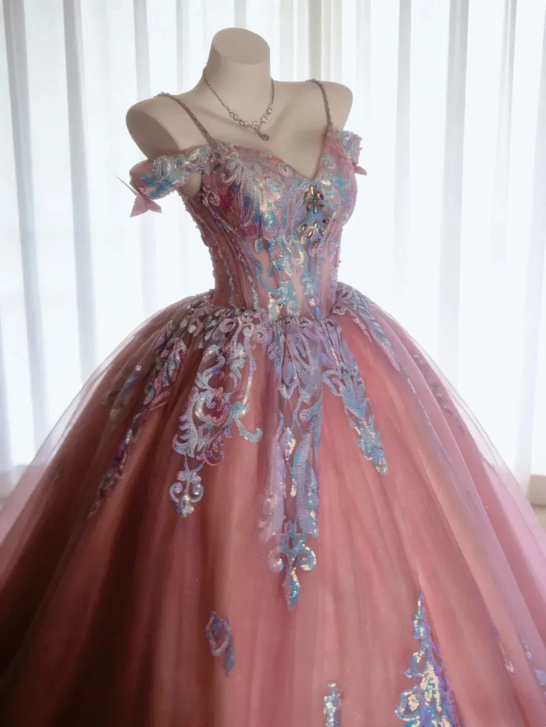Magical Off Shoulder Spaghetti Strap Corset Sequin Lace Ball Gown Wedding Dress