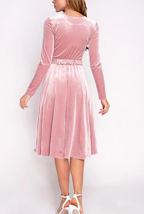 Mauve Velvet Dress Christmas Dress Winter Evening Dress Long Sleeves Bridesmaid Dress Wedding Guest Dress Party Dress With Bow