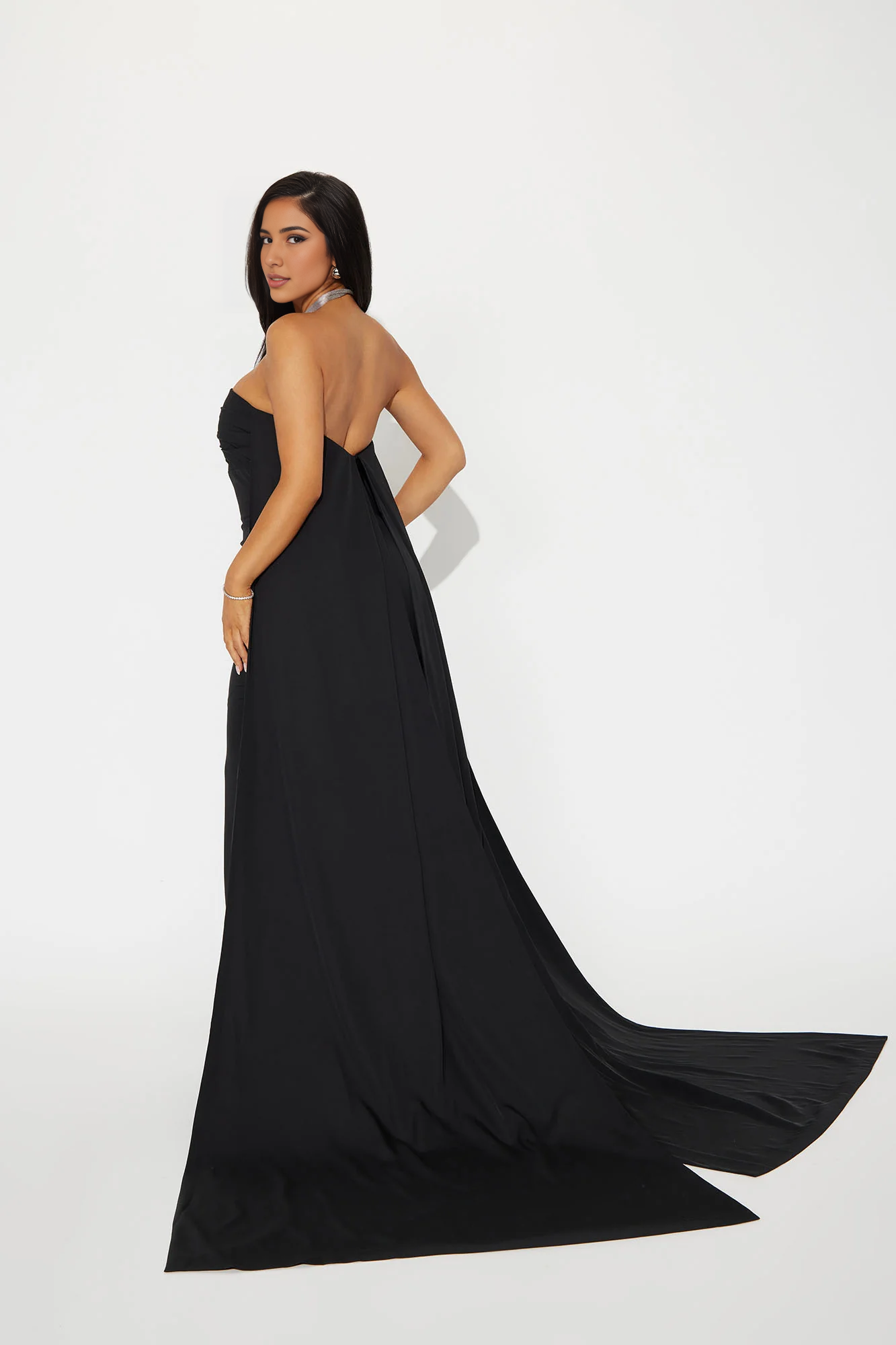 Maxi Dress Black Off-the-Shoulder A-line Party Dress Floor Length Chic With Train