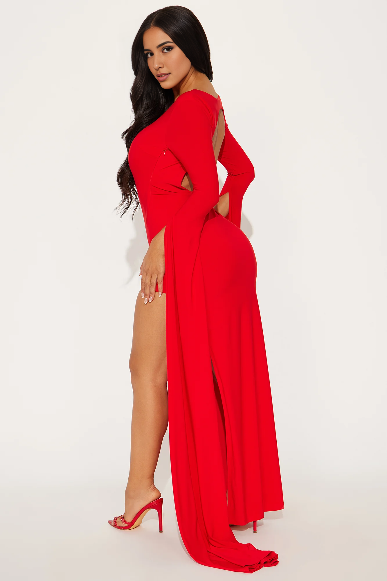 Maxi Dress Red Mermaid Round Neck Long Flutter Sleeves Prom Dress Party Dress With Hight Slit Floor Length