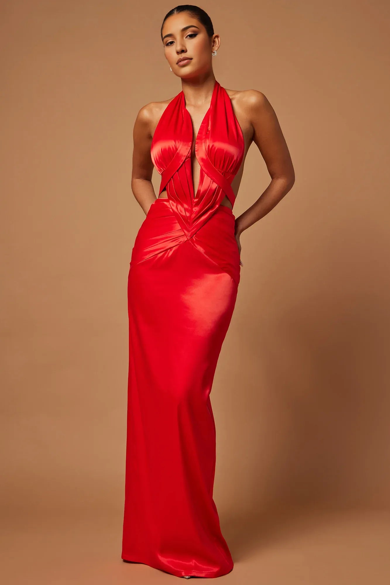 Maxi Dress Red Mermaid  Satin Pleated Gown Sleeveless Red Prom Dress Party Dress With Halter Floor Length