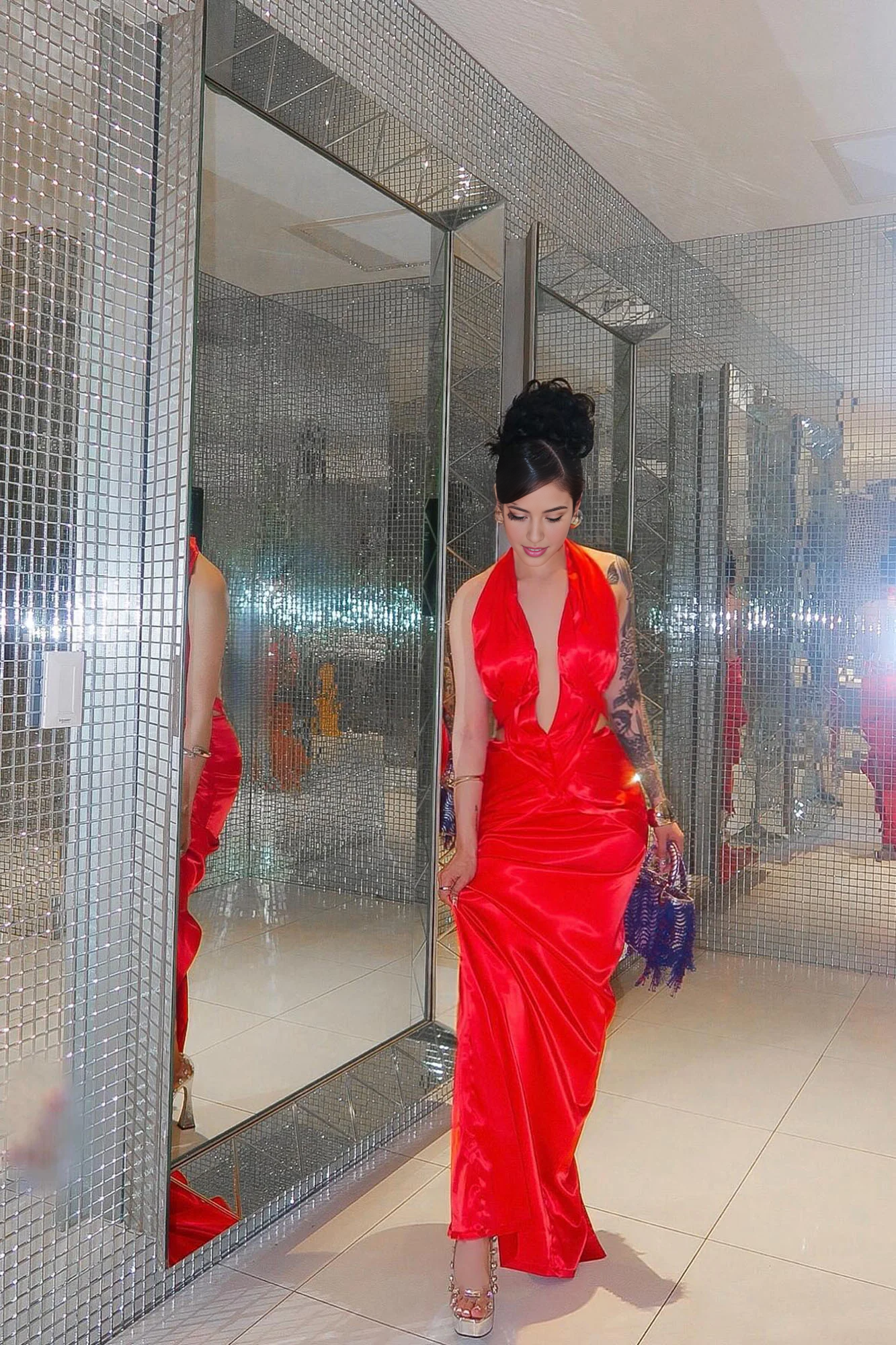 Maxi Dress Red Mermaid  Satin Pleated Gown Sleeveless Red Prom Dress Party Dress With Halter Floor Length