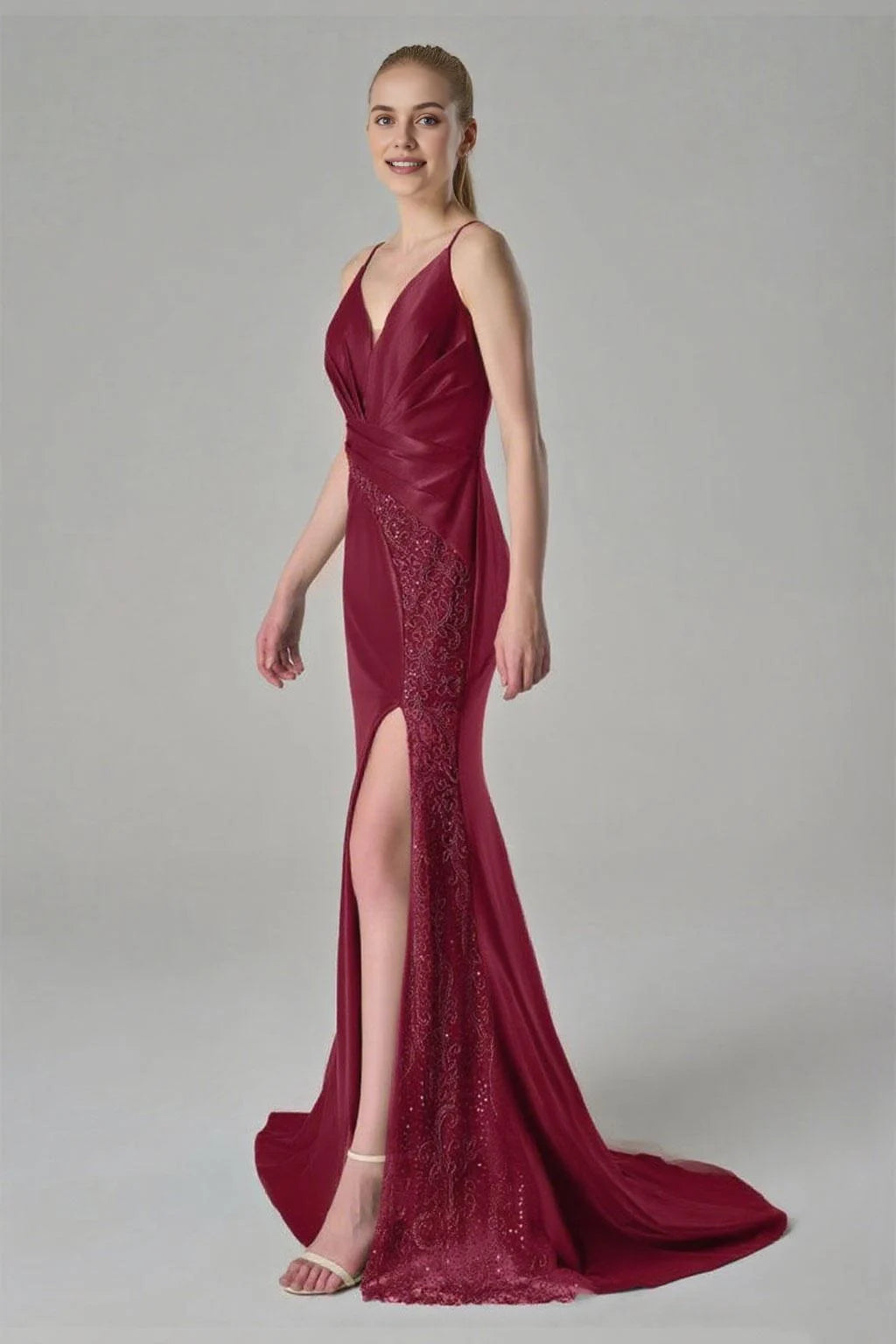 Elegant Mermaid V-Neck Floor Length Spaghetti Straps Prom Dresses Tulle Satin Sleeveless Cheap Glitter Evening Party Dresses