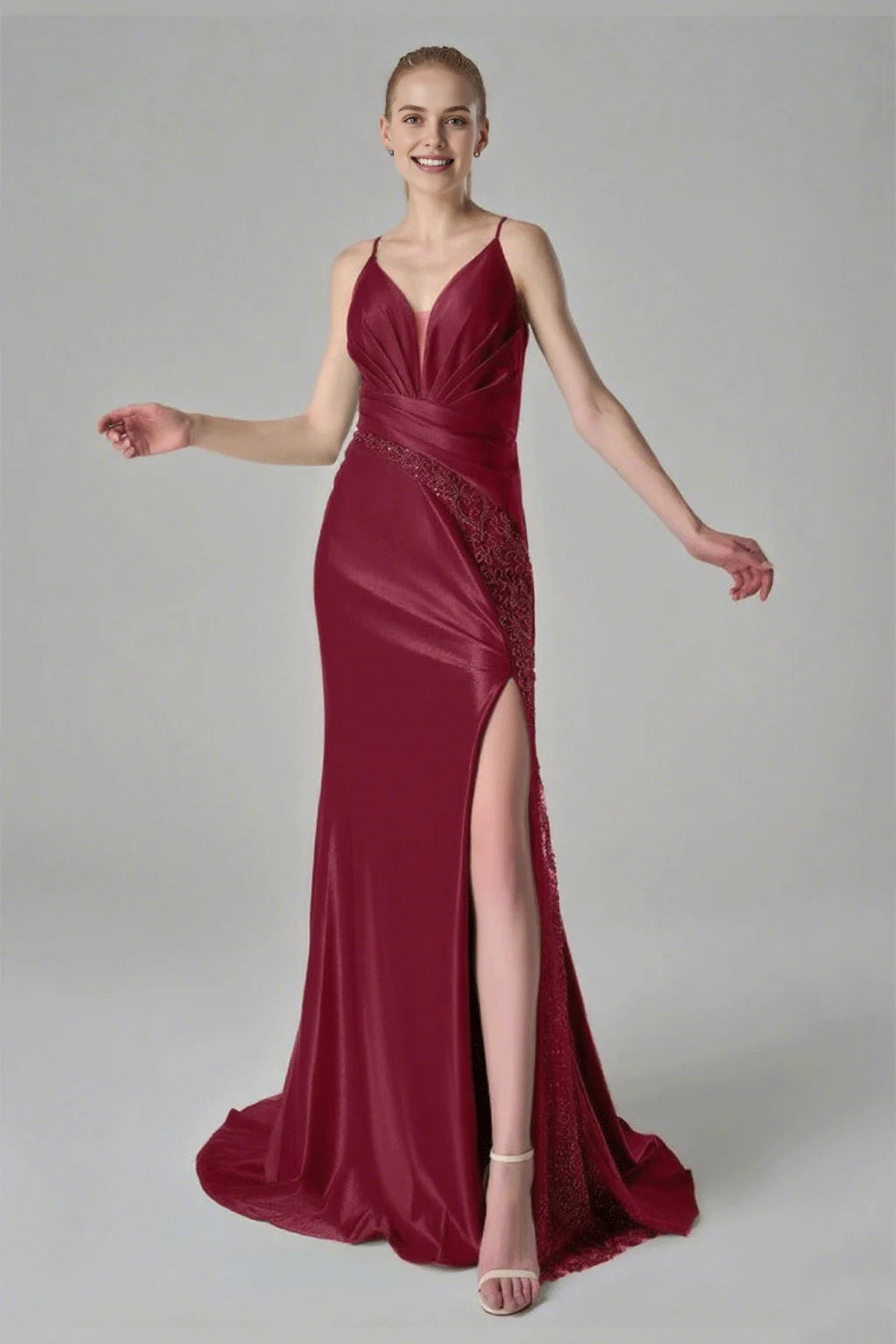 Elegant Mermaid V-Neck Floor Length Spaghetti Straps Prom Dresses Tulle Satin Sleeveless Cheap Glitter Evening Party Dresses