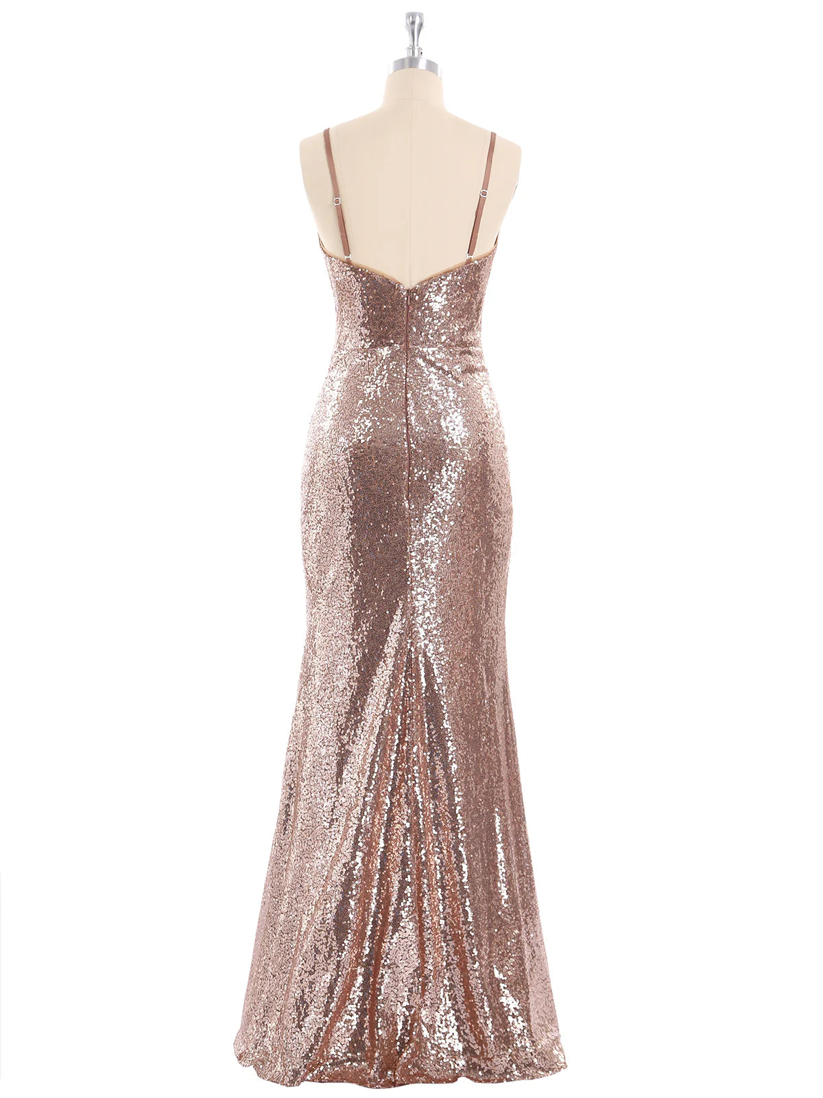 Robe sirène dos nu à bretelles spaghetti et paillettes avec décolleté en cœur métallisé doré 