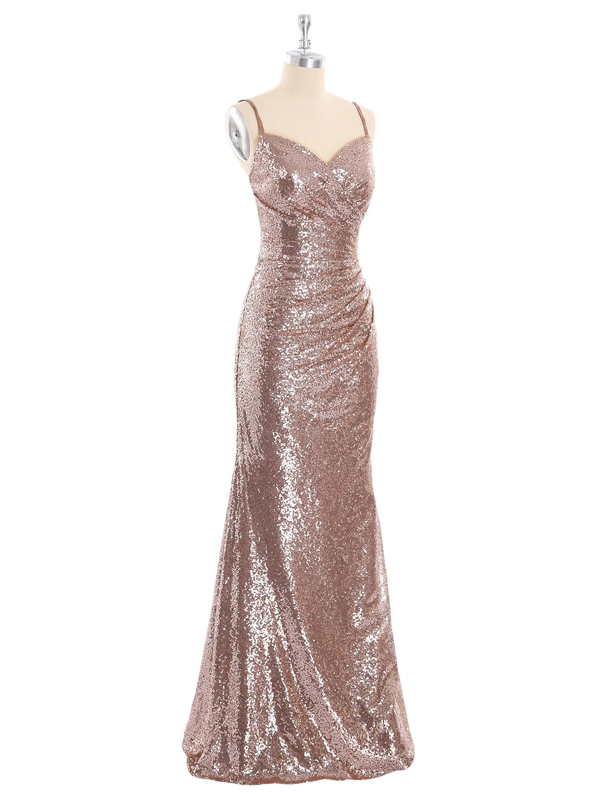 Robe sirène dos nu à bretelles spaghetti et paillettes avec décolleté en cœur métallisé doré 