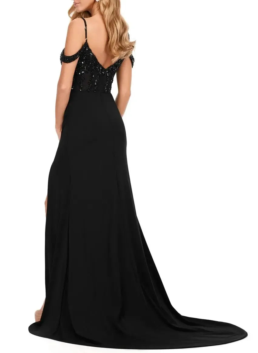 Mermaid Cold Shoulder Corset Sequins Applique Mesh Black Floor-Length Prom Dress With Slit
