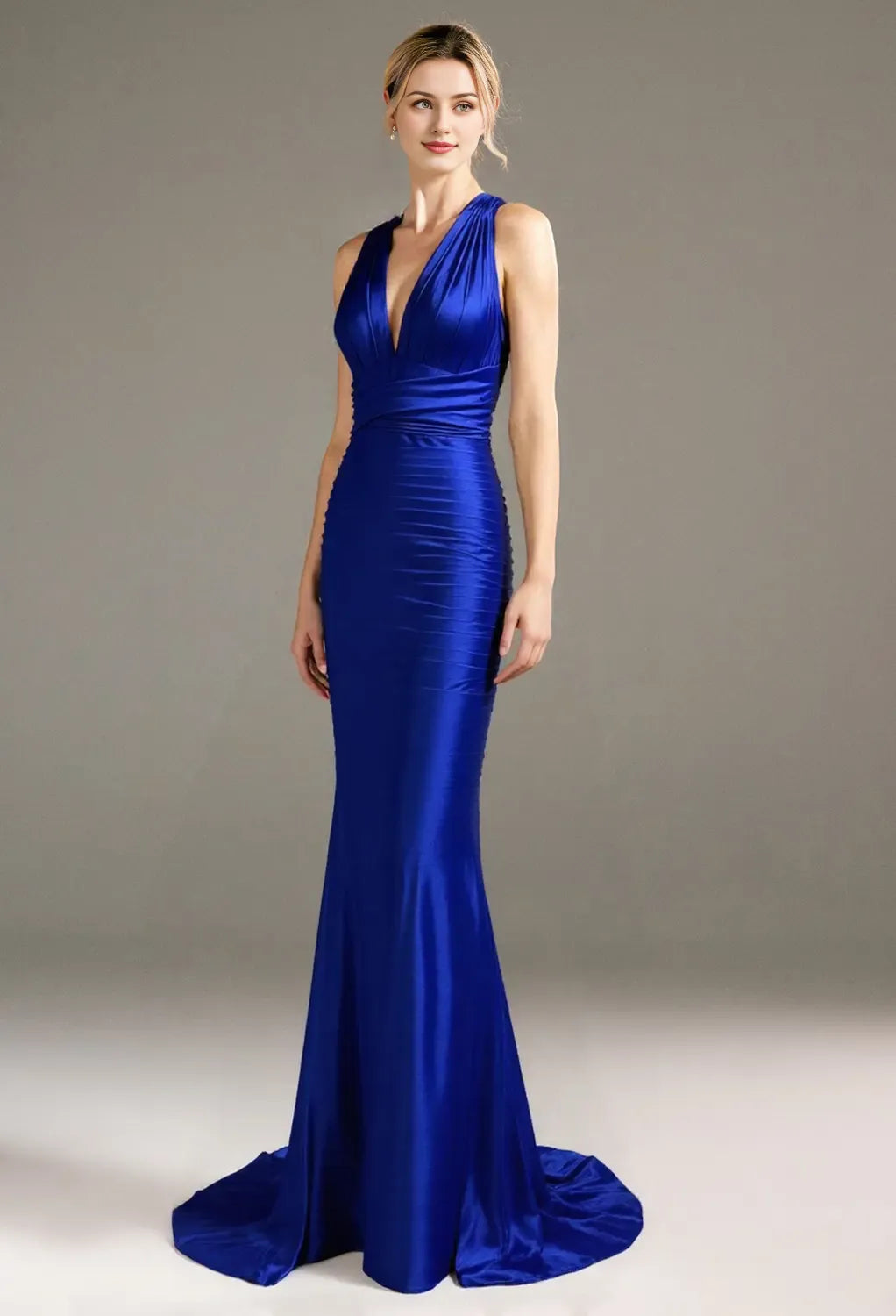 Mermaid Deep V-Neck Floor Length Prom Dresses Satin Sleeveless Pleat Backless Hot Sale Long Evening Dresses