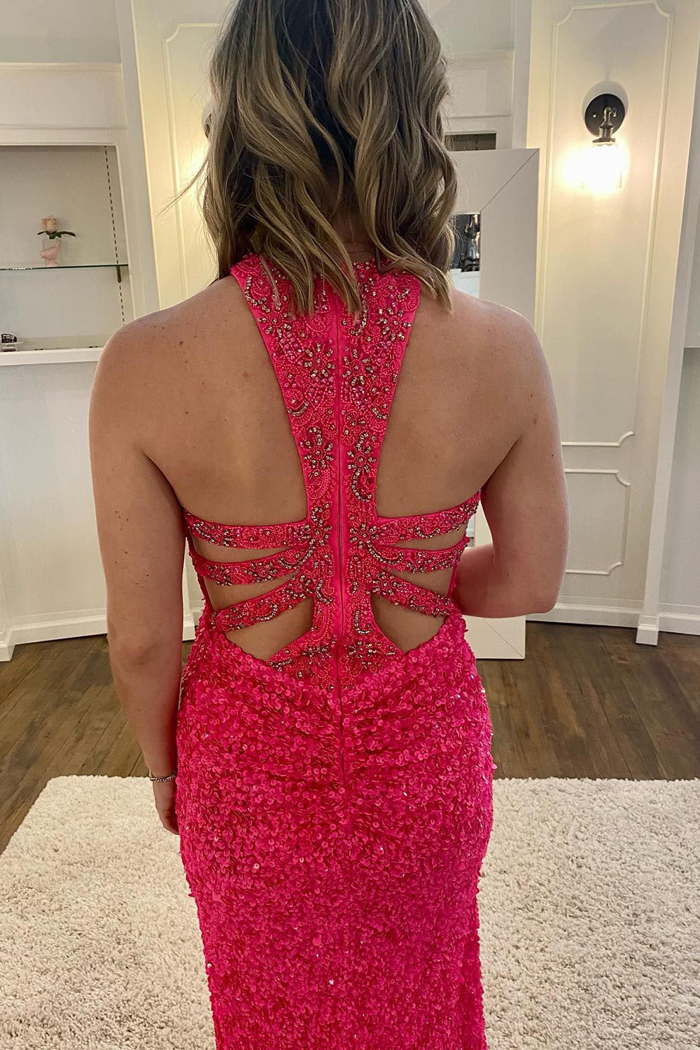 Weitese Mermaid Halter Neck Sequined Prom Dress With Split