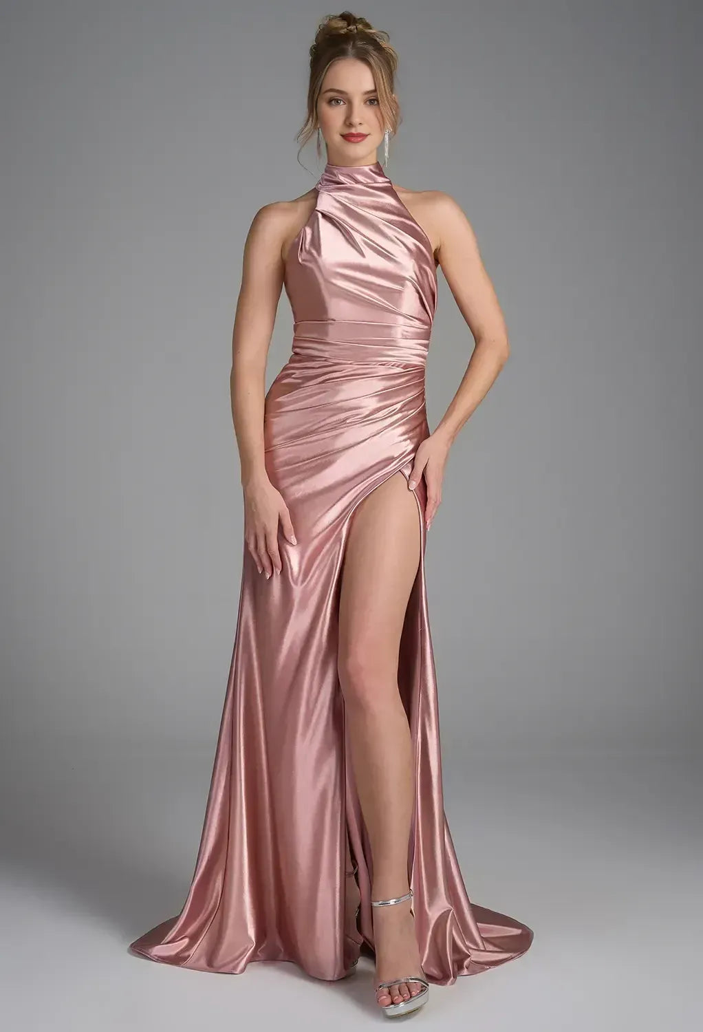 Mermaid Halter Neckline Elegant Floor Length Prom Clothes Satin Strapless Sleeveless Simple Strapless Prom Dresses for Women With Slit