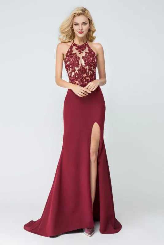 Prom Dresses Stores Mermaid Halter Sleeveless Burgundy Long Split Prom Dresses Evening Dresses Formal Women's Dresses