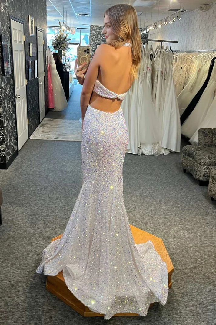 Vestidos de fiesta largos con escote halter, corte sirena, lentejuelas iridiscentes y longitud hasta el suelo 