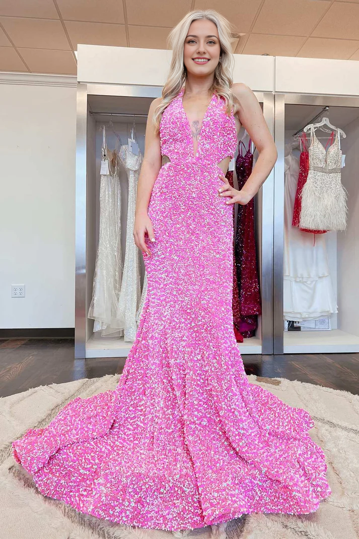 Vestidos de fiesta largos con escote halter, corte sirena, lentejuelas iridiscentes y longitud hasta el suelo 