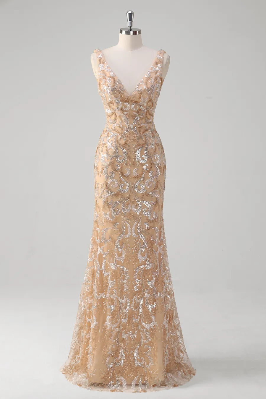 Weitese Prom Dress Store Sparkly Champagne V-neck Sequins Mermaid Long Prom Dress with Beading Formal Women's Dresses