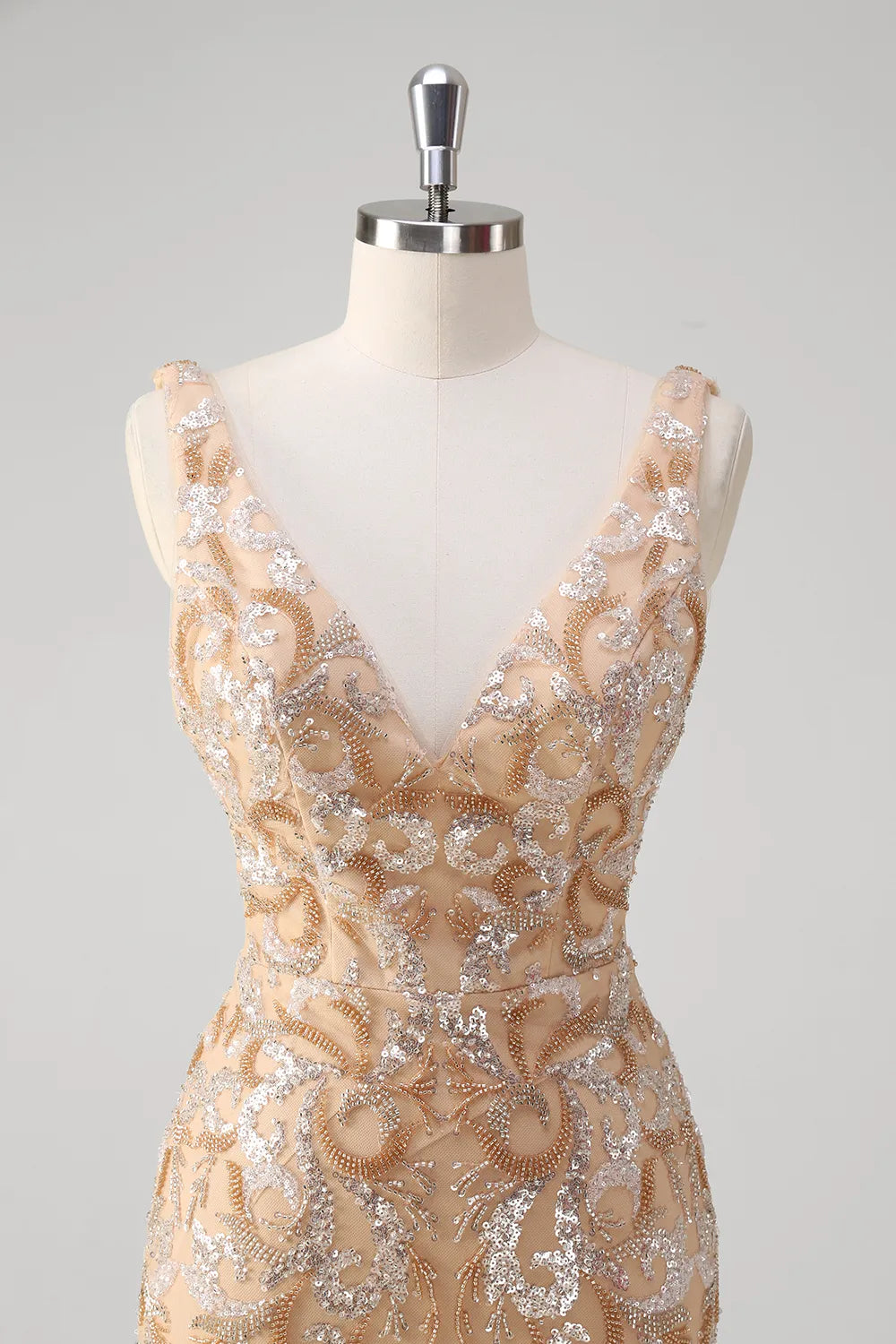 Weitese Prom Dress Store Sparkly Champagne V-neck Sequins Mermaid Long Prom Dress with Beading Formal Women's Dresses