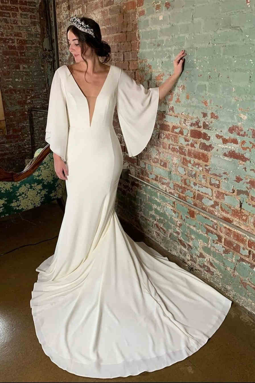 Robe de mariée sirène longue, col en V, manches bouffantes, ivoire, avec traîne
