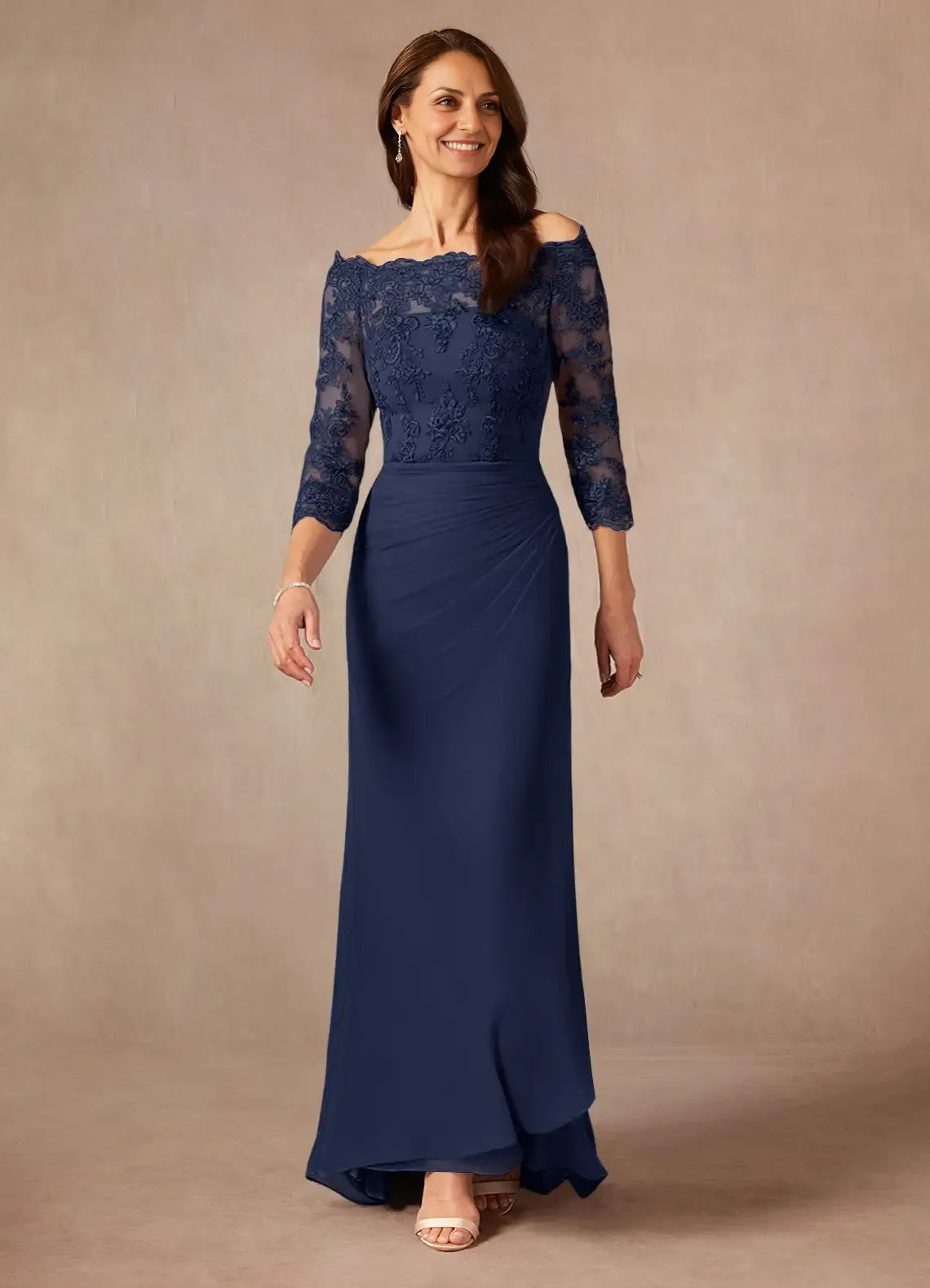 Dark Navy Mermaid Off the Shoulder Sweep Train Dress Three-Quarter Sleeve Solid Color Simple Mother of the Bride Dress