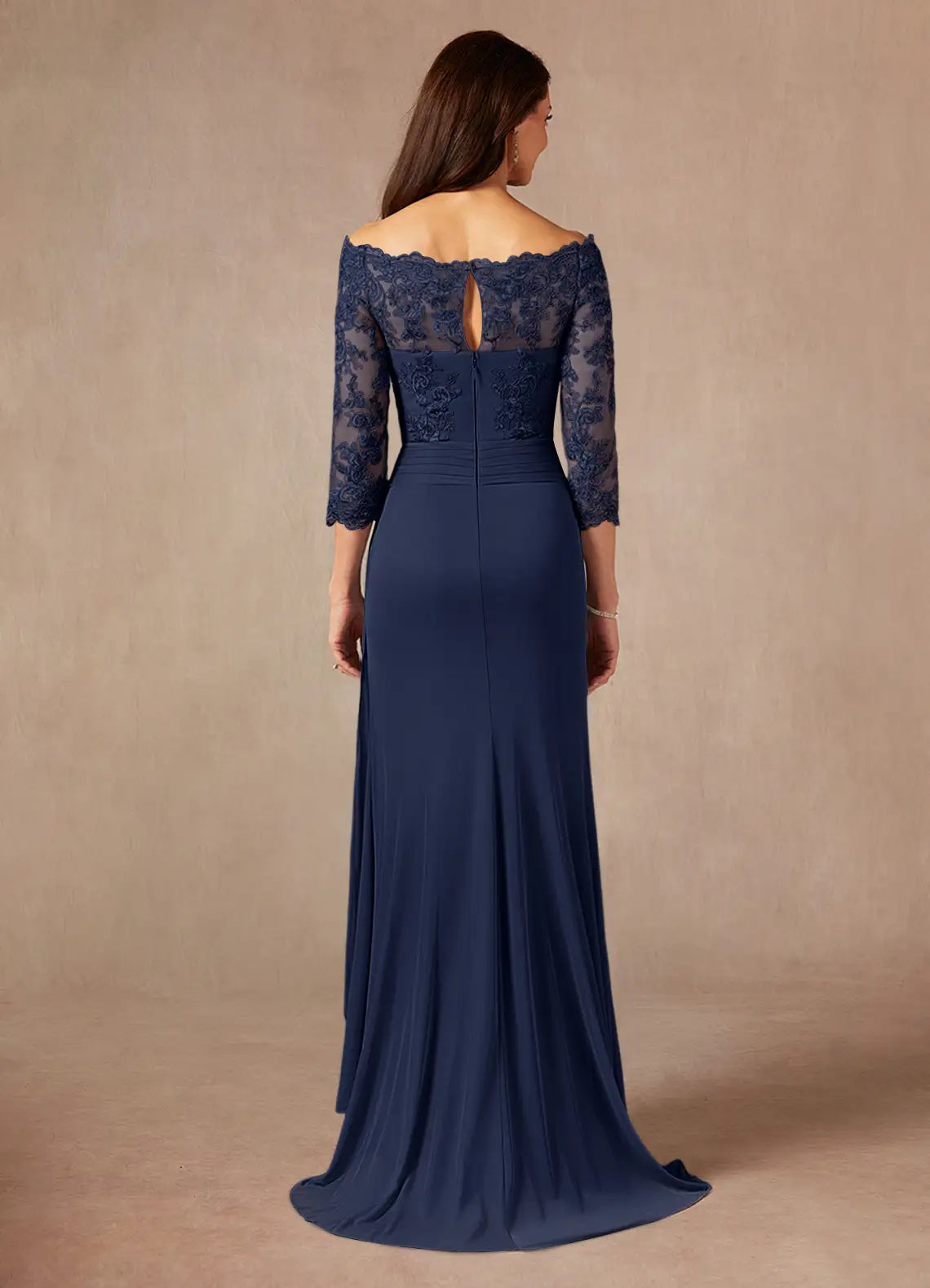 Dark Navy Mermaid Off the Shoulder Sweep Train Dress Three-Quarter Sleeve Solid Color Simple Mother of the Bride Dress