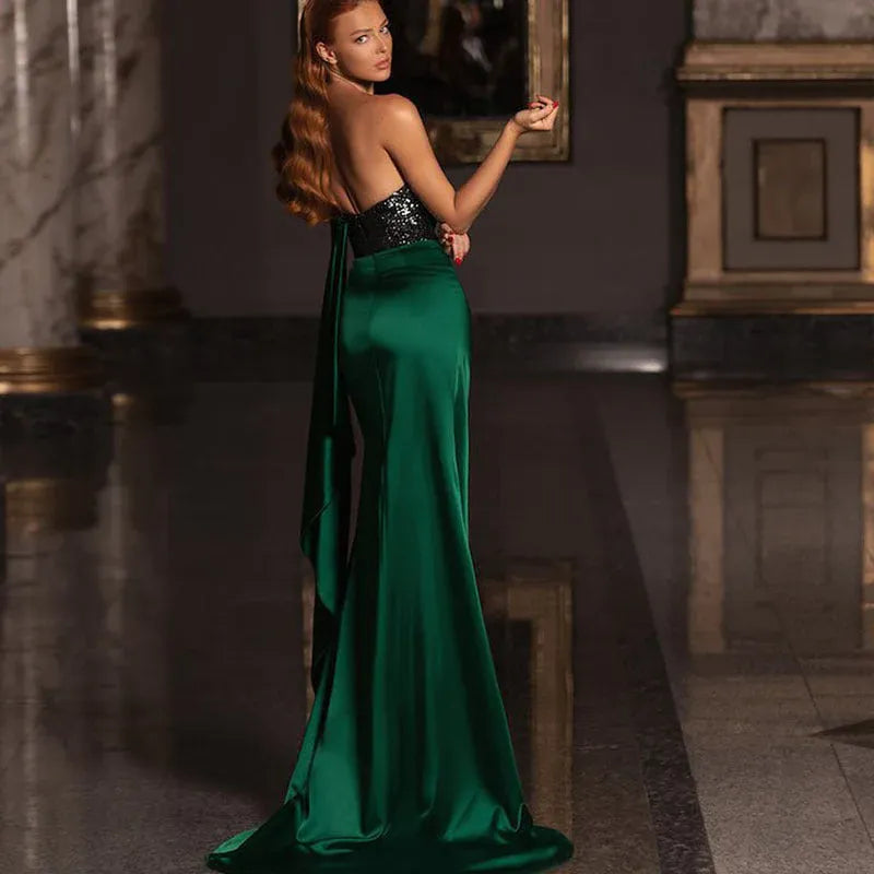 Mermaid One-Shoulder Sequin Satin Emerald Green Floor-Length Formal Prom Dress