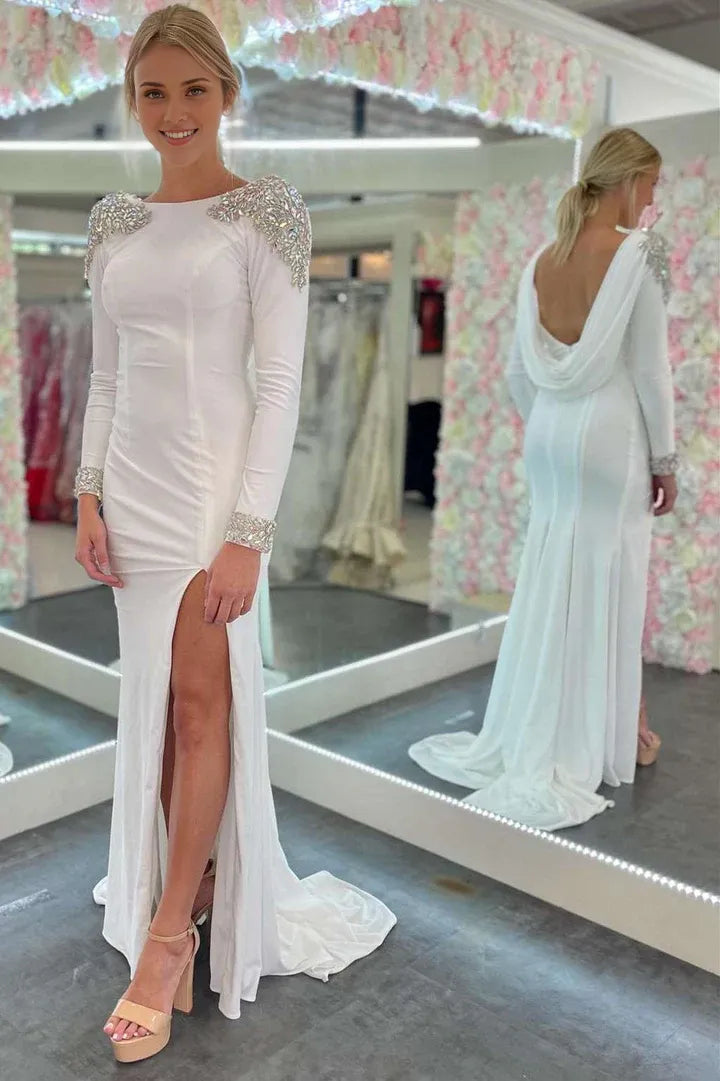 Vestido de fiesta formal de sirena con espalda abierta, manga larga, cuentas y abertura 