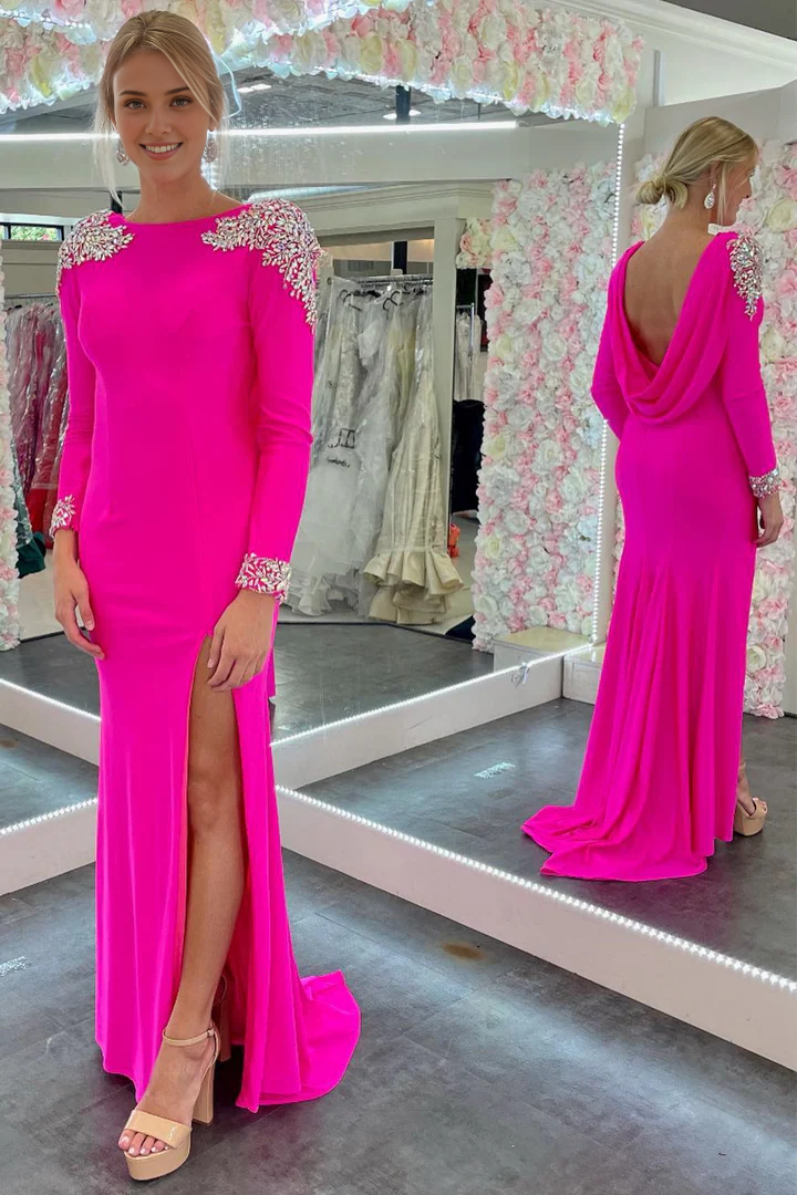 Vestido de fiesta formal de sirena con espalda abierta, manga larga, cuentas y abertura 