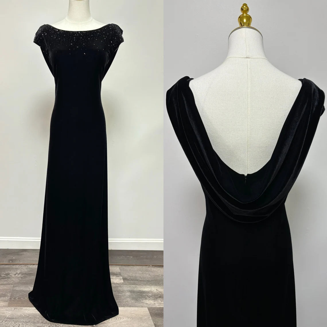 Vestido de fiesta de sirena con cuello redondo, terciopelo, espalda descubierta con cuentas, sin mangas y largo hasta el suelo 