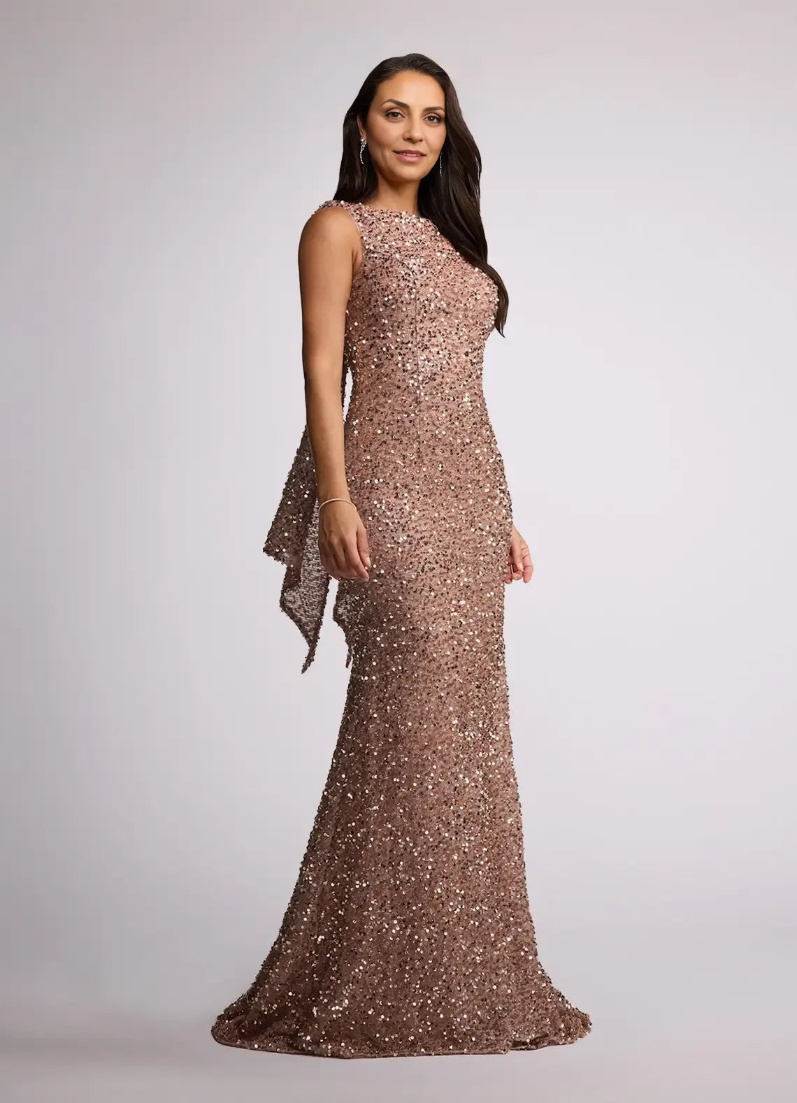 Mermaid Ruched Sequins Sweep Train Dress Sleeveless Solid Color Modern V Back Scoop Neck Ruffle Mother of the Bride Dress