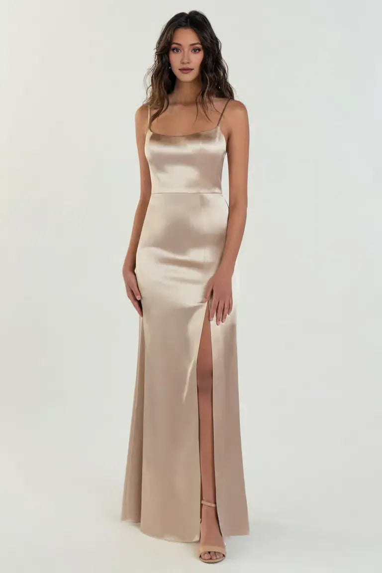 Mermaid Scoop Neck Spaghetti Straps Side Slit Hot Sale Bridesmaid Dresses for Women Sleeveless Affordable Strapless Prom Dresses